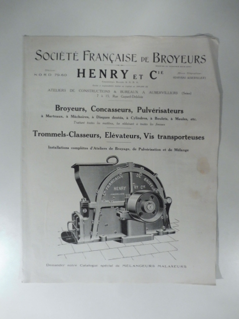 Societè Francaise de Broyeurs Henry et Cie. Broyeurs, Concasseurs, Pulverisateurs. Pieghevole pubblicitario